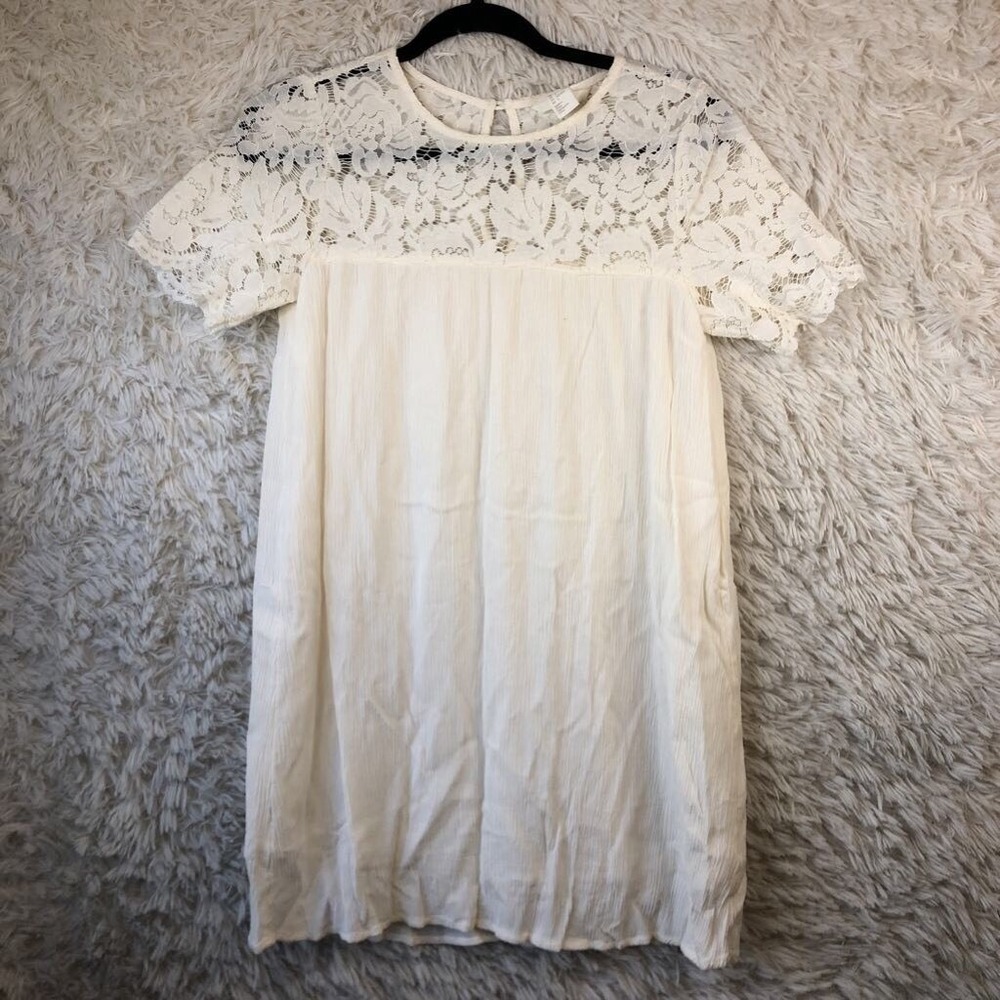 H&M Womens Shift Dress Ivory Scalloped Hem Sleeve Sheer Crew Neck Lace‎ Button 4